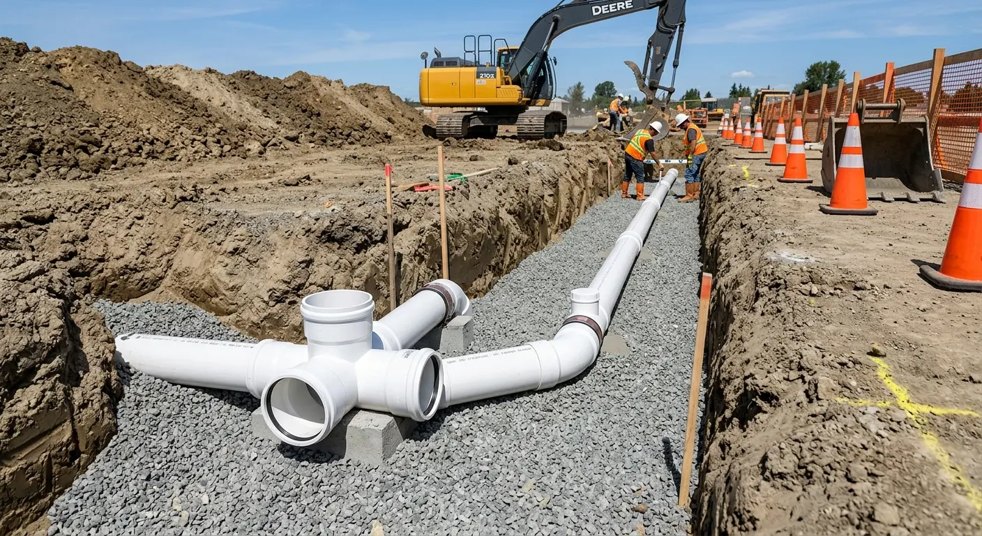 New PVC sewer pipe installation in open trench for Sewer Backup in Morgantown