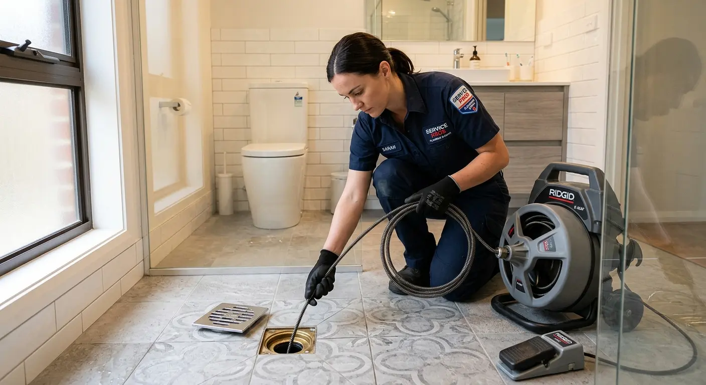 Technician clearing a bathroom floor drain for Drain Cleaning in Morgantown